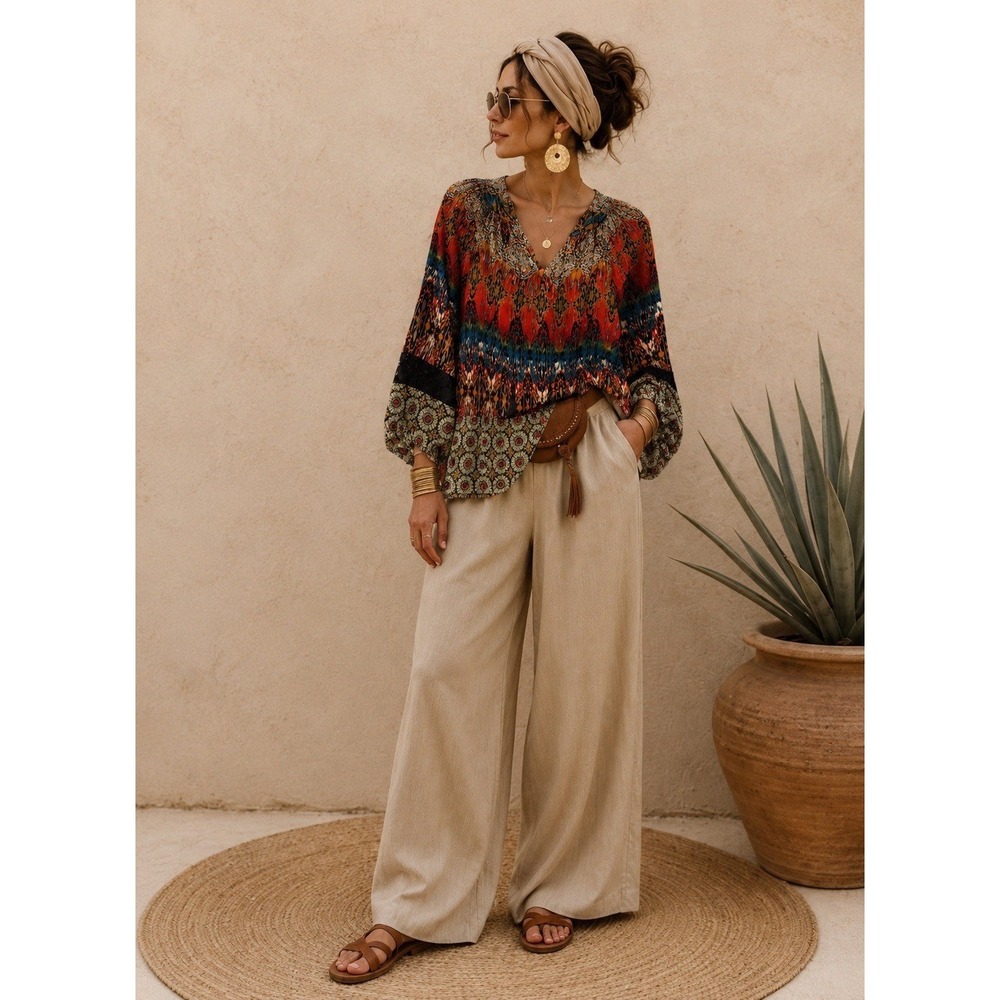 Anthropologie Fig and Flower Peasant Tunic Boho Artsy Blouse Top Multicolor M